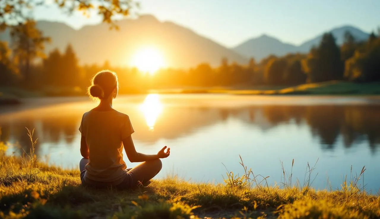 Personne méditant au bord d'un lac dans la nature, illustrant les bienfaits scientifiques de la méditation