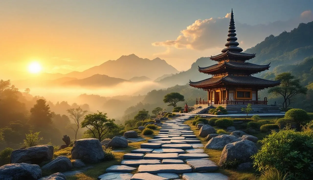 Temple zen au lever du soleil évoquant les origines ancestrales de la méditation de pleine conscience
